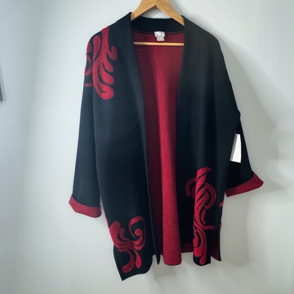 NWT Chicos Cardigan Open Front Longer Length Black Red Textured Scroll Pattern 2 - Picture 14 of 16